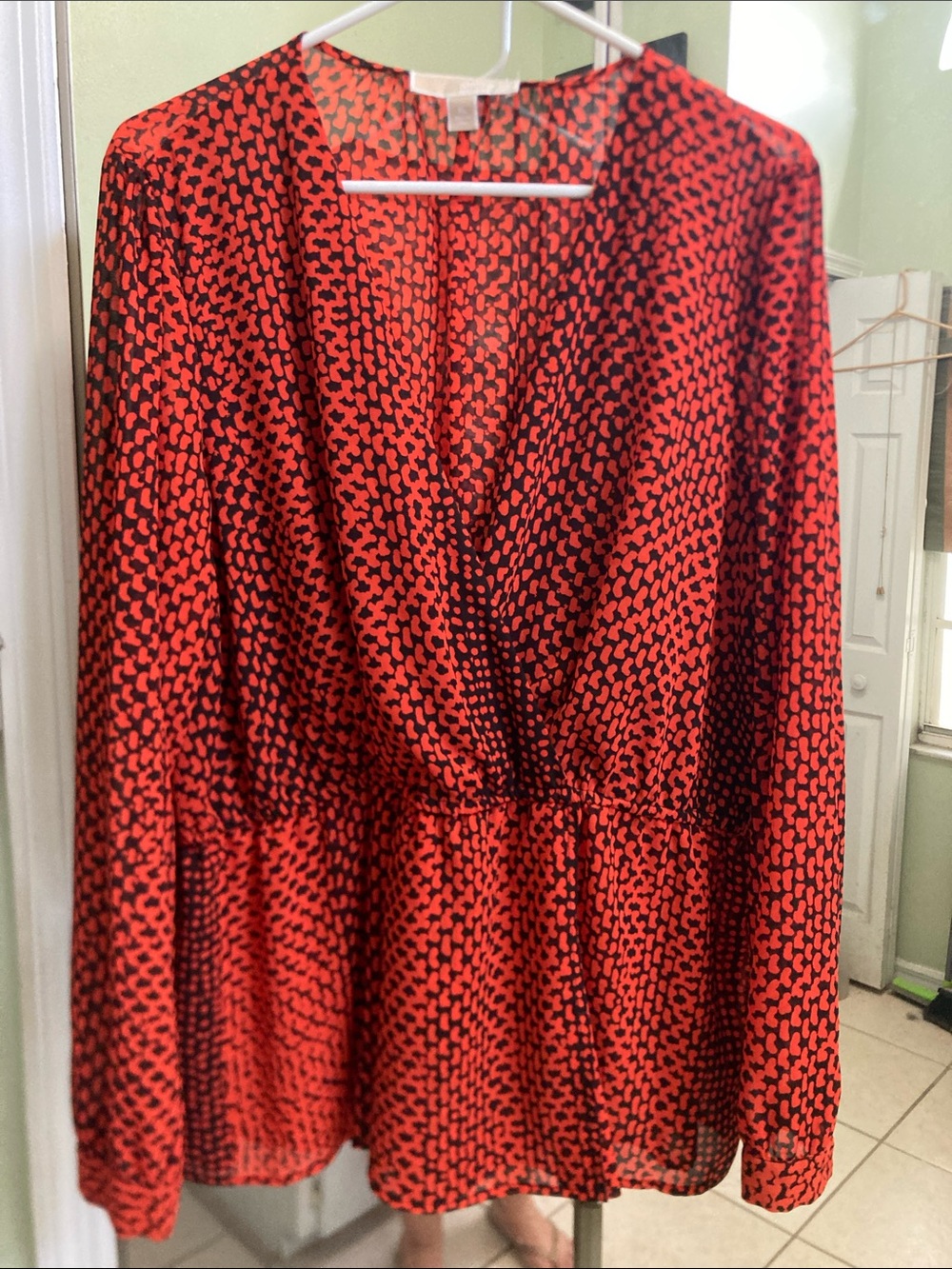 Michael Kors Red and Black Patterned Long Sleeve Blouse